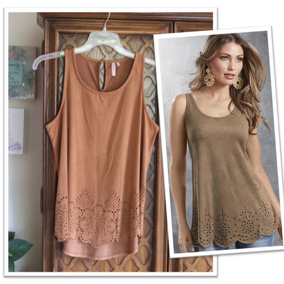 Red Camel Sleeveless Faux Suede Laser Cut Out Scalloped Hem Top - M - Picture 12 of 12